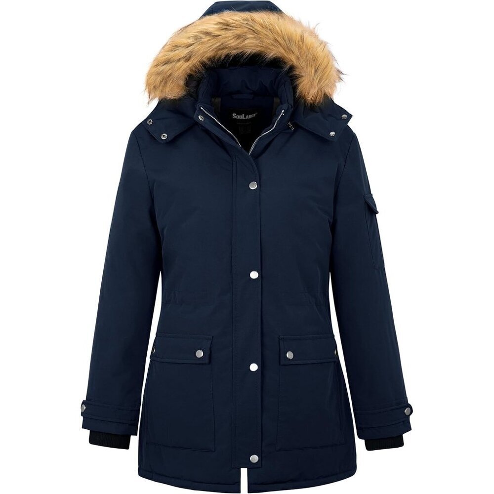 Women's Navy Winter Plus Size Waterproof Thicken Puffer Coat With Faux Fur Hood